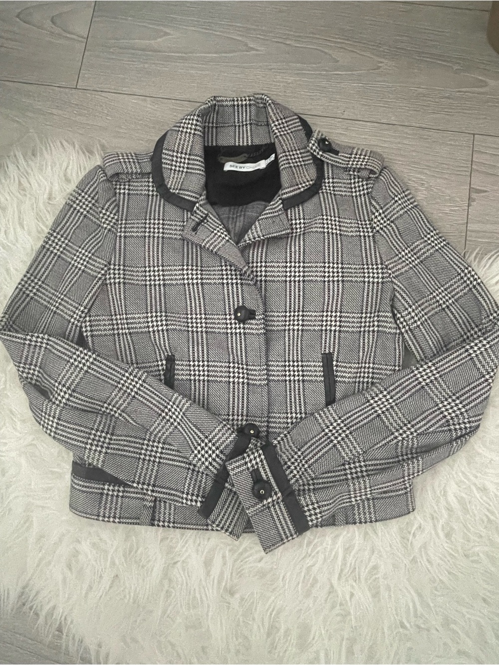 See By Chloé Black, Gray, Brown, Blue Plaid Cropped Blazer